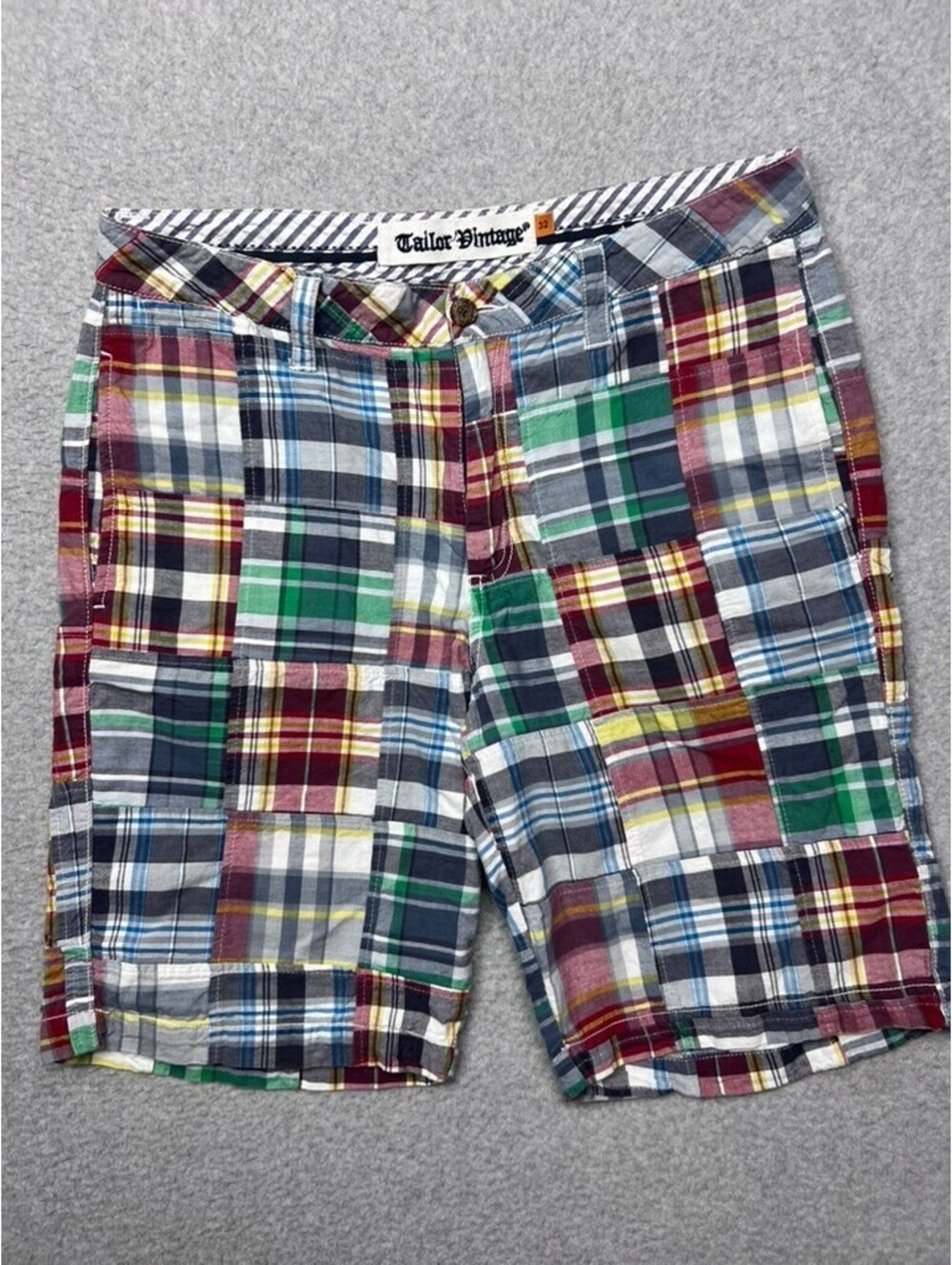 Mens Tailor Vintage Madras Plaid 100% Cotton Shorts Sz 32 Patchwork Preppy Chino